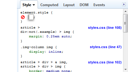 Firebug CSS view showing an inline styles 'selector'