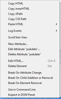 Firebug HTML element context menu